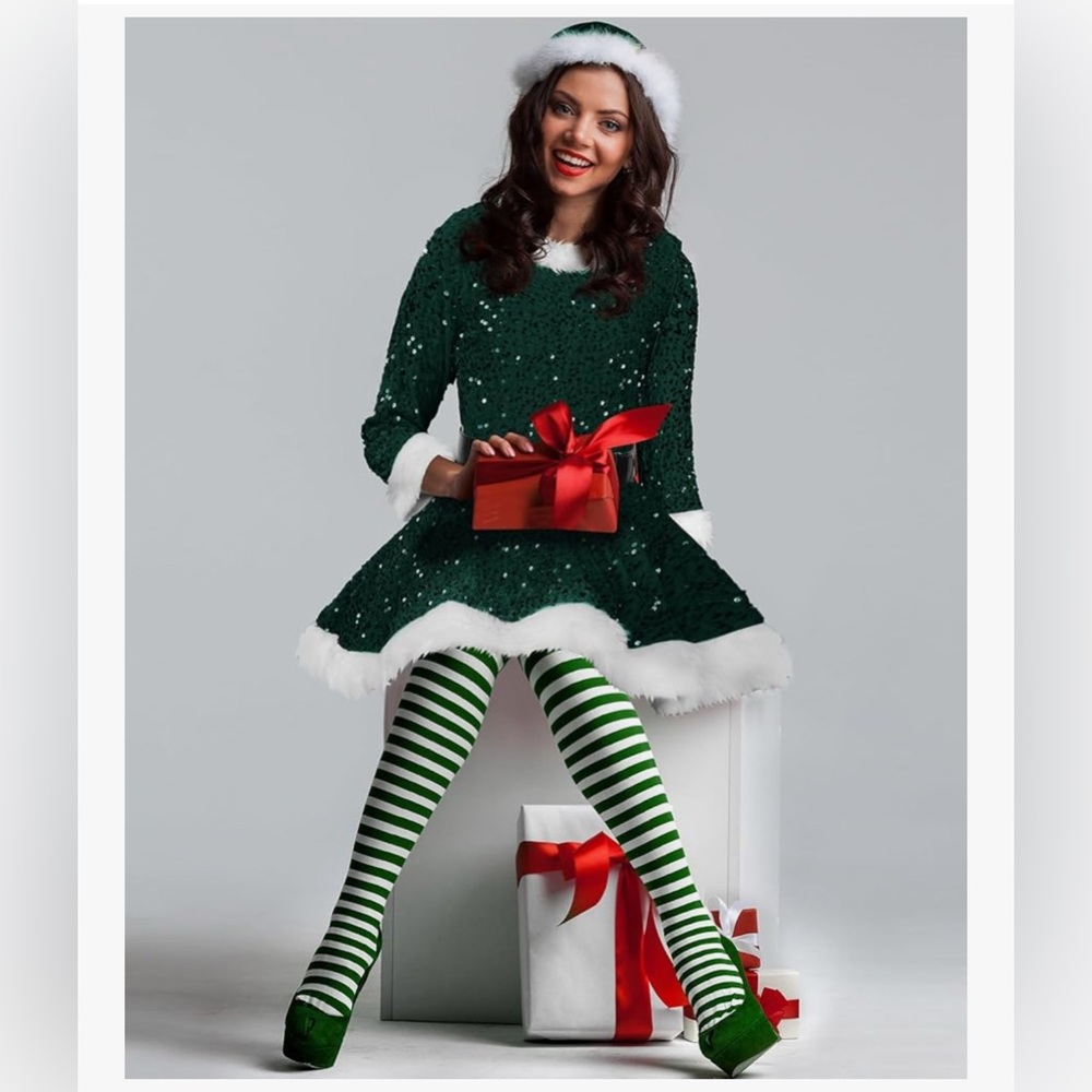 Green Sequin Holiday Dress with Striped Tights
